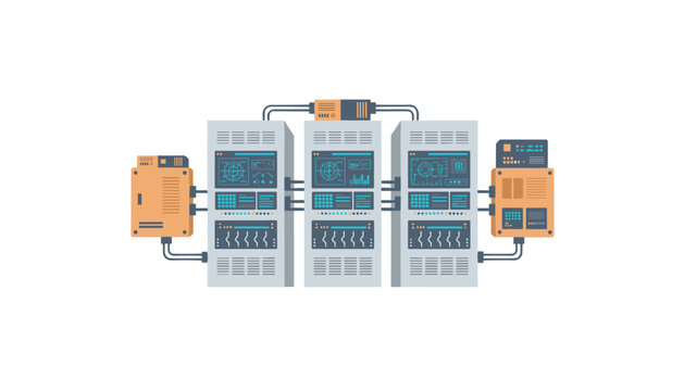 Server room infrastructure with high performance networking equipment and centralized data storage units connected for cloud computing operations.