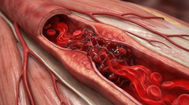 Circulatory obstruction mechanism: thrombosis occur, blood flow, impede vessel, block artery, red cell, fibrin protein, platelet aggregate, deep vein, body health, human anatomy, medical science.