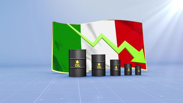 Italy Oil Price Falling with Oil Barrels Downward Green Arrow and 3D Financial Data Visualization Graphs for Economy and Business Concept