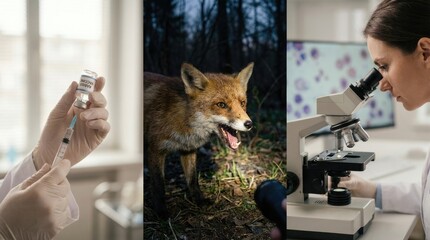 Obraz premium Contagion prevention initiative: rabies virus identify, rhabdovirus analyze, vaccine administer, wildlife threat, disease prevent, public safety, research laboratory, medical science.