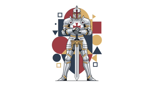 Valiant medieval knight in full silver plate armor holding a sword with a red cross emblem standing against a colorful abstract geometric background.