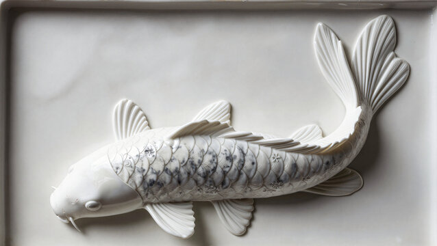 Wei&szlig;e Porzellan-Skulptur eines Koi-Karpfens mit Textur
