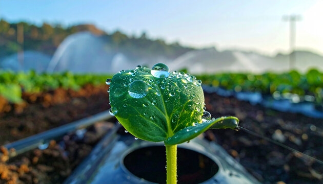 Dewdrop Delight: A young seedling emerges from rich soil, adorned with glistening dewdrops. In the background, irrigation systems gently water rows of crops under the soft morning light.