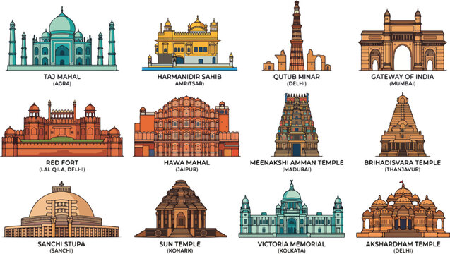 Iconic India travel landmark collection featuring famous Indian landmarks and monuments of Indian architecture