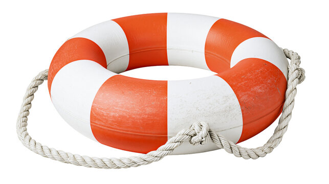 Orange and white life preserver ring with rope