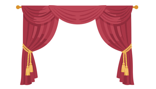 Decorative red curtains with a stylish swag valance and golden tassel tiebacks, providing a sophisticated look for elegant stage or home settings.