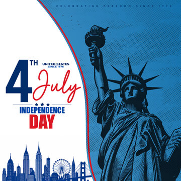 4th of July Independence Day USA Celebration Banner with Statue of Liberty and New York Skyline Illustration