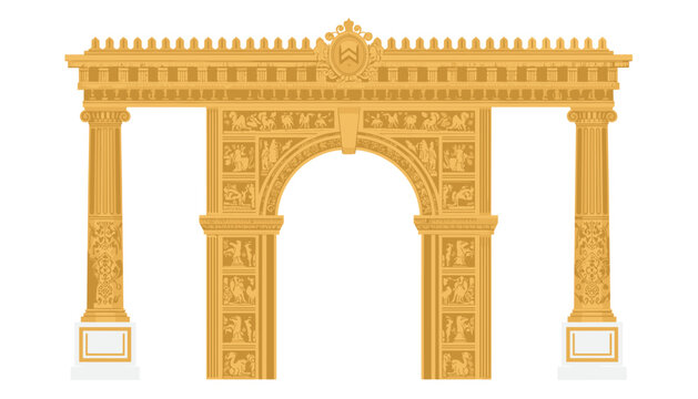 Ornate golden archway featuring classical architectural details and decorative bas relief carvings on a clean white background.