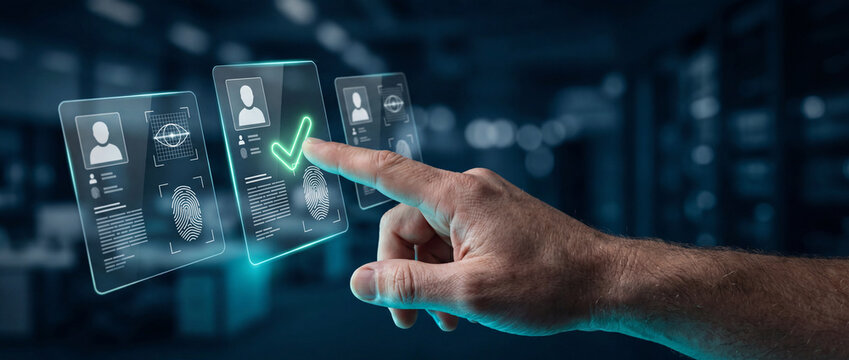 Man's finger touching a glowing green checkmark on a digital interface displaying biometric data and user profiles, symbolizing identity verification and security in a modern, futuristic setting