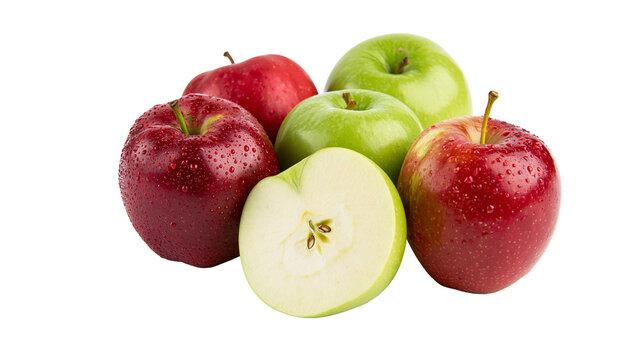 Fresh red and green apples with water droplets, one apple cut in half