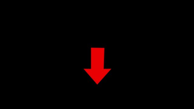 Animated arrow pointing down on black background. Abstract glowing down arrow icon animation