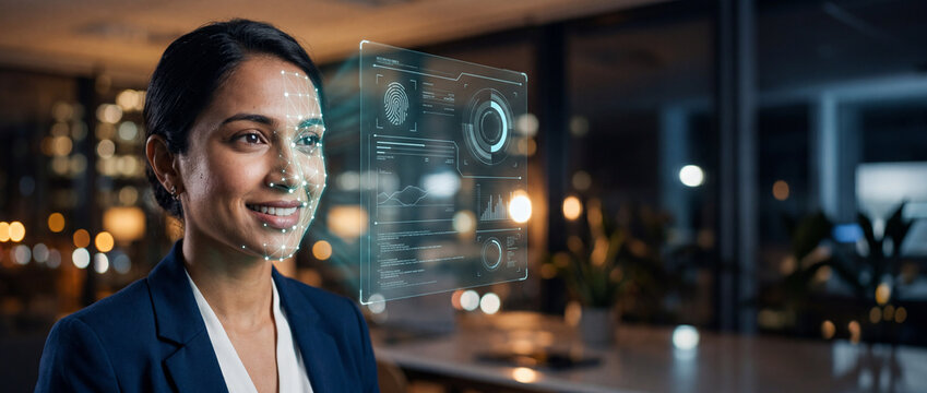 Smiling woman undergoing facial recognition scan with futuristic holographic interface displaying biometric data and fingerprint scan in a modern office at night, symbolizing security and technology