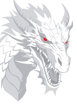 Gray dragon head, white fantasy creature, sharp teeth, red eyes, mythical beast