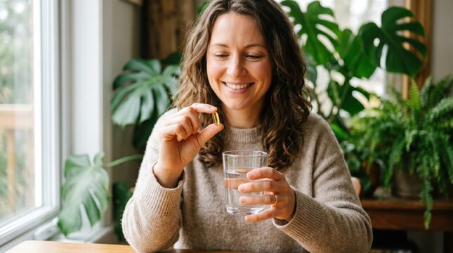 Middle aged woman smiling while holding vitamin pill and glass of water at bright indoor table surrounded by houseplants. natural wellness and daily supplement routine in cozy home interior setting.