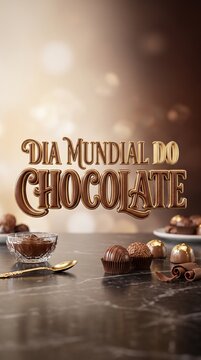 Frase tridimensional dourada com detalhes em chocolate para campanhas comemorativas elegantes do Dia Mundial do Chocolate em composi&ccedil;&atilde;o premium