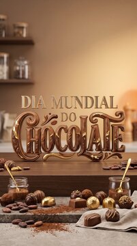 Frase tridimensional dourada com detalhes em chocolate para campanhas comemorativas elegantes do Dia Mundial do Chocolate em composi&ccedil;&atilde;o premium