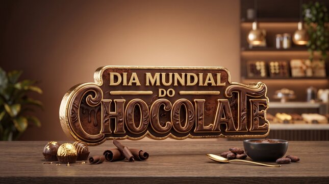 Frase tridimensional dourada com detalhes em chocolate para campanhas comemorativas elegantes do Dia Mundial do Chocolate em composi&ccedil;&atilde;o premium