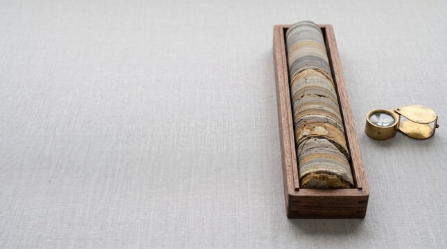 Stratified rock core sample for geological study
