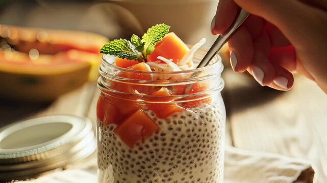 Healthy seed pudding with fresh fruit and mint garnish close up