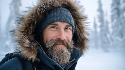 Fototapeta premium A young man smiles in a snowy winter forest. A guy walks outside in a park. Portrait of a man in the fresh air in winter. An active lifestyle in winter during vacation or holidays.