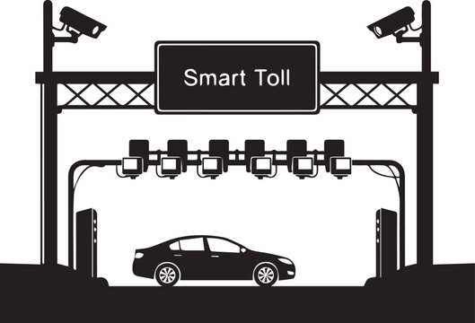 Vector illustration of a car passing through a smart toll booth with cameras and sensors isolated on transparent background