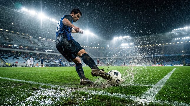 Professional male soccer player executing powerful kick on waterlogged grass pitch during heavy rain at illuminated stadium night match, competitive on-field action