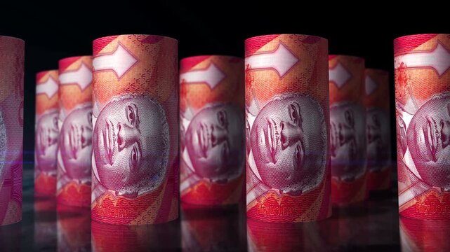 Barbados Dollar barbadian money rolls loop 3d. Camera moving in front of 50 BBD rolling banknotes. Seamless loopable concept of economy, finance, business and debt.