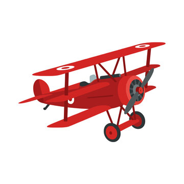 A vintage red triplane aircraft flies on a white background