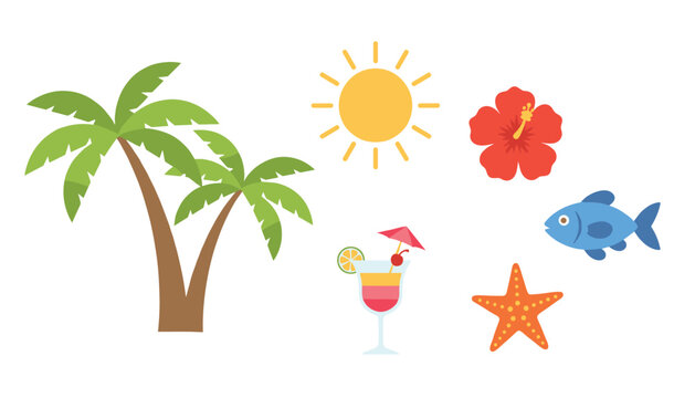 Tropical island elements featuring palm trees a glowing sun hibiscus flower exotic cocktail drink starfish and a small blue tropical fish icon.