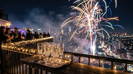 Obraz premium Rooftop balcony with tray of champagne glasses overlooking city skyline while fireworks explode at night; guests socialize at railing creating urban celebration atmosphere