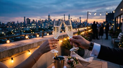 Obraz premium Rooftop evening toast with two people clinking champagne flutes overlooking city skyline at dusk, rooftop party social celebration and romantic mood