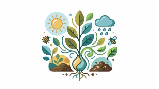 A colorful illustration of a growing plant with leaves roots and soil surrounded by sun cloud raindrops bee and b