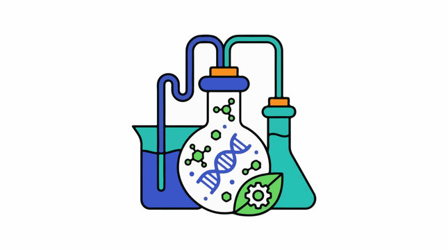 A cartoon illustration of laboratory equipment with a beaker flask and test tube featuring a DNA double helix and mol