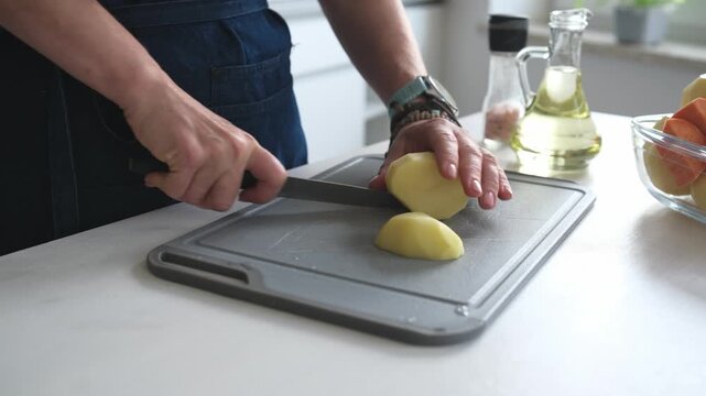 Woman Cutting Raw Potatoes In A Home Kitchen Close-Up Side View