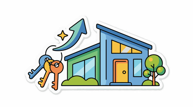 A blue house with green accents and yellow door and keys