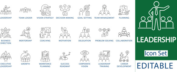 leadership and team management line icon set featuring vision strategy, goal setting, business planning, mentorship, collaboration, and career development interface icons. © ICON37