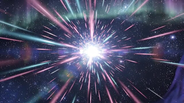 Abstract space warp speed light beams background, galaxy hyperspace jump effect, cosmic star travel tunnel