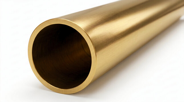 Polished hollow brass metal tube isolated on white background for industrial engineering and plumbing construction projects