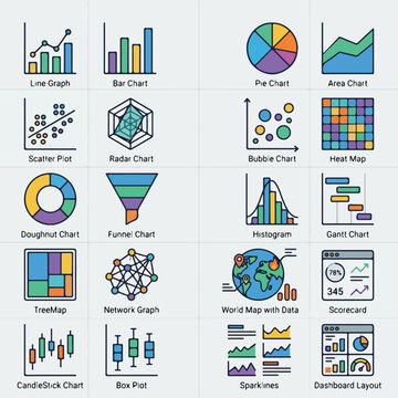 Comprehensive Collection of Diverse Data Visualization and Chart Icons