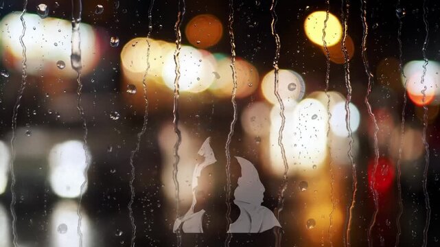 Raindrops on a window obscure a street scene and silhouettes
