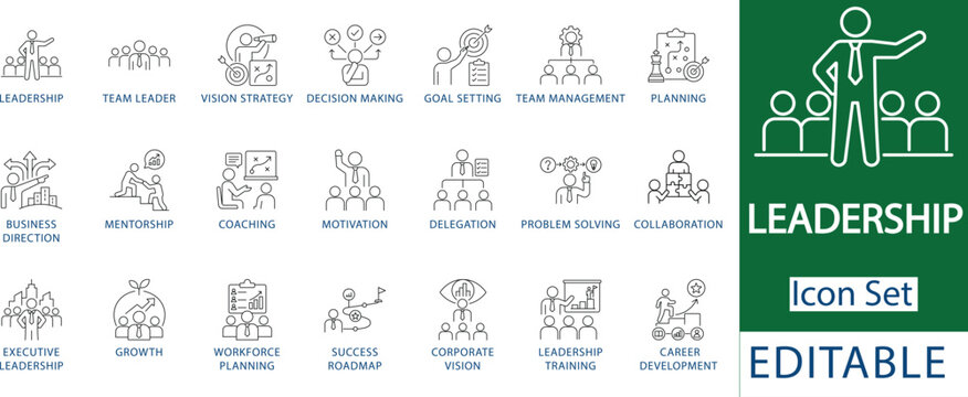 leadership and team management line icon set featuring vision strategy, goal setting, business planning, mentorship, collaboration, and career development interface icons.
