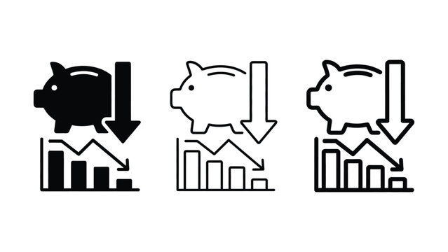 cost Reduction solid piggy bank icon set with downward arrows and graphs decreasing