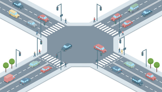 Busy isometric street crossing scene featuring multiple vehicles and pedestrians navigating an urban intersection with traffic lights.