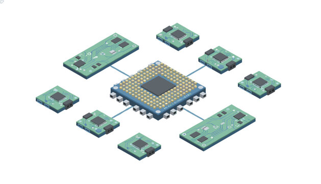 Isometric illustration of a central processing unit connected to smaller circuit boards representing distributed computing systems.