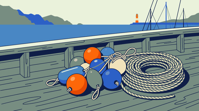 Coiled Nautical Rope and Colorful Boat Fenders.
