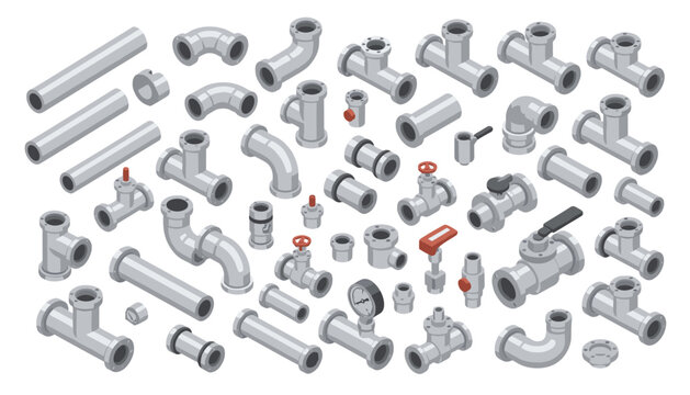 Collection of silver industrial piping parts and fittings set including valves and pressure gauges for engineering and construction systems.