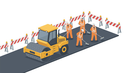 Fototapeta premium Construction workers and heavy machinery rolling asphalt on a road project surrounded by safety barriers and warning cones at a work site.