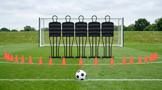 Soccer ball placed in front of goal with line of orange cones surrounding training dummies for penalty or free kick practice on grass pitch