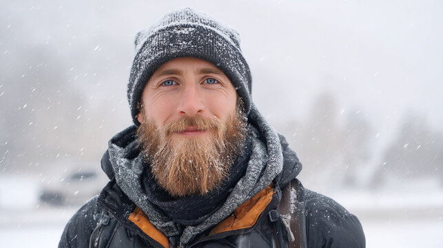 A young man smiles in a snowy winter forest. A guy walks outside in a park. Portrait of a man in the fresh air in winter. An active lifestyle in winter during vacation or holidays.