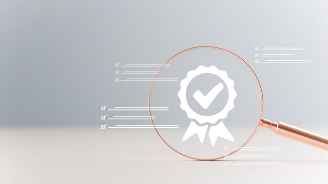 Quality assurance checkmark ribbon medal reflecting inside a magnifying glass on a neutral desk surface for business standards and compliance verification